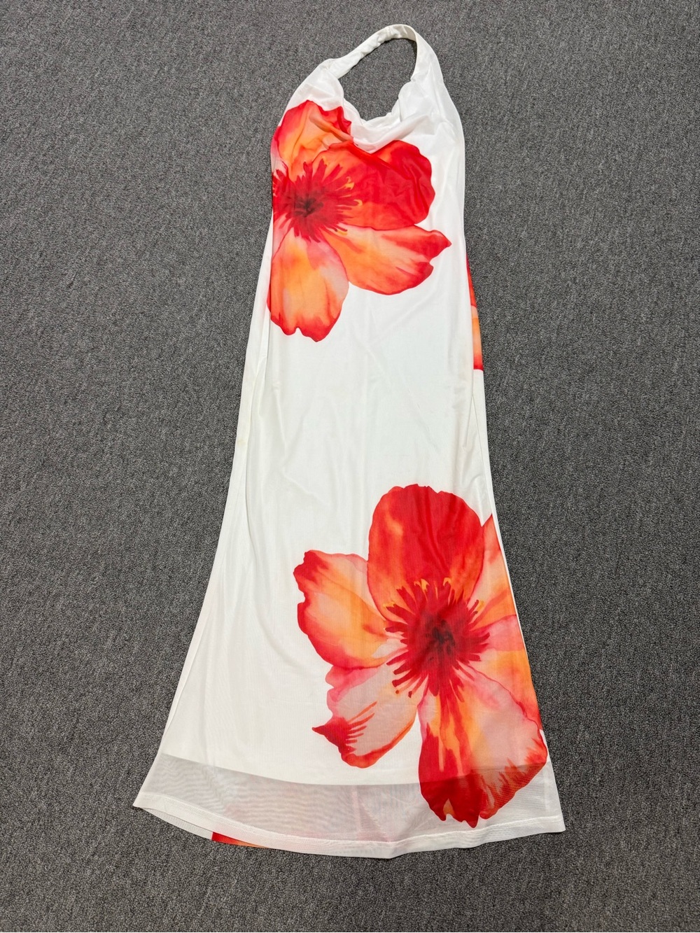White Halter Maxi Dress with Large Red-Orange Floral Print size small